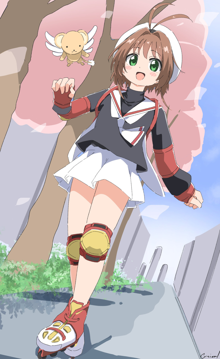 1girl absurdres angel_beats! black_shirt blue_sky brown_hair cardcaptor_sakura cherry_blossoms cloud cynical_(llcbluckg_c004) day dutch_angle elbow_pads fingerless_gloves full_body gloves green_eyes hat highres inline_skates kero kinomoto_sakura knee_pads neckerchief outdoors petals pleated_skirt red_gloves road roller_skates sailor_collar sailor_hat sailor_shirt shirt short_hair skates skirt sky solo street tree undershirt white_headwear white_neckerchief white_sailor_collar white_skirt