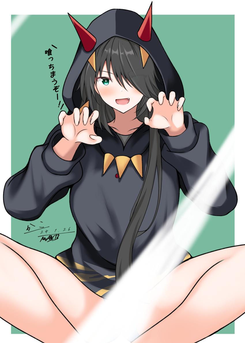 1girl abataa absurdres asymmetrical_hair black_hair black_hoodie commentary_request cone_horns convenient_censoring curled_fingers green_eyes highres hood hooded_dress hoodie horns indian_style kako_(kancolle) kantai_collection light_censor long_hair official_alternate_costume sitting solo