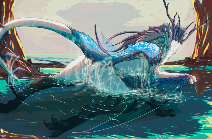 anthro bathing blakezarks bodily_fluids cel_shading cum cum_bath cum_in_ass cum_inside cum_on_face detailed_background dragon female feral full-length_portrait genital_fluids hi_res lady_seinardhyn lake licking portrait river shaded solo tongue tongue_out water white_body wyvern