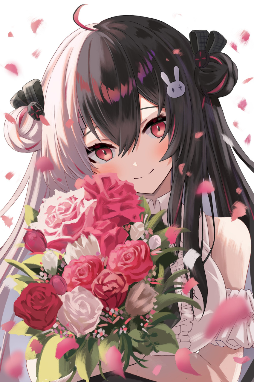 1girl absurdres ahoge bare_shoulders black_hair blush bouquet breasts closed_mouth double_bun falling_petals flower frilled_shirt frills grey_hair hair_bun hair_ornament highres holding holding_bouquet large_breasts long_hair looking_at_viewer multicolored_hair namakubisteru nijisanji official_alternate_costume petals pink_flower rabbit_hair_ornament red_eyes red_flower red_hair red_rose rose shirt simple_background sleeveless sleeveless_shirt smile solo split-color_hair streaked_hair two-tone_hair virtual_youtuber white_background white_flower white_rose white_shirt x_hair_ornament yorumi_rena yorumi_rena_(11th_costume)