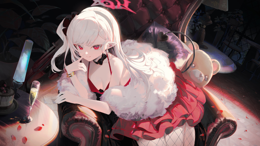 1girl black_choker black_tail blue_archive breasts choker closed_mouth cup demon_tail dress earrings fishnet_pantyhose fishnets halo highres jewelry ji_dao_ji long_hair looking_at_viewer mutsuki_(blue_archive) mutsuki_(dress)_(blue_archive) official_alternate_costume pantyhose pointy_ears red_dress red_eyes red_halo sleeveless sleeveless_dress small_breasts smile solo stuffed_animal stuffed_toy tail teddy_bear white_fur white_hair