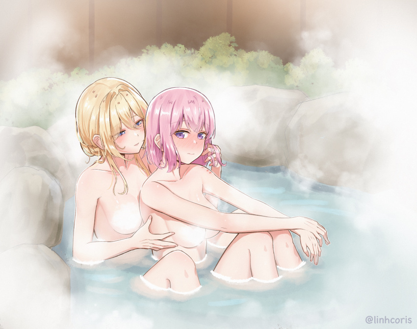 2girls 3: absurdres amaori_renako arms_on_knees bath bathing blonde_hair blue_eyes blush breasts bush collarbone commission convenient_censoring crossed_wrists full-face_blush hand_on_another's_chest highres light_smile linhcoris medium_breasts multiple_girls nude onsen ouzuka_mai pink_hair playing_with_another's_hair purple_eyes rock sitting steam steam_censor twitter_username watashi_ga_koibito_ni_nareru_wake_naijan_murimuri yuri