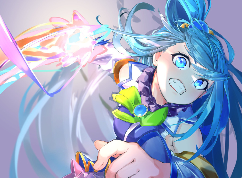 1girl aqua_(konosuba) blue_eyes blue_hair bow clenched_teeth dress fighting_stance glowing glowing_hand green_bow hair_ornament hair_rings highres incoming_attack incoming_punch kono_subarashii_sekai_ni_shukufuku_wo! long_hair looking_at_viewer punching re:ankh_(mrsz4523) single_hair_ring solo teeth