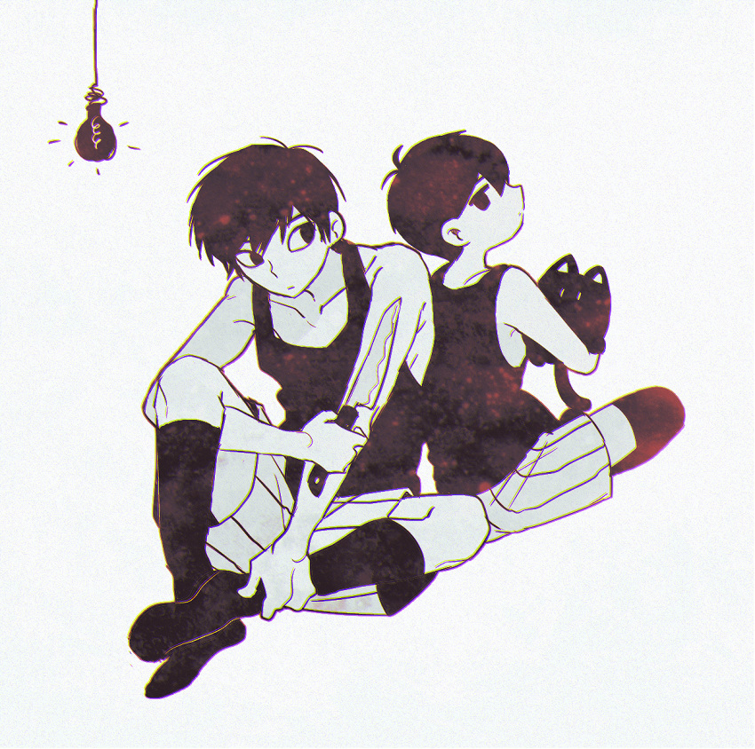 2boys animal antenna_hair arm_between_legs armpit_crease black_cat black_hair black_socks black_tank_top cat closed_mouth collarbone colored_skin dual_persona expressionless film_grain fuji_den_fujiko highres holding holding_animal hunched_over knee_up kneehighs light_bulb looking_at_another looking_back mewo multiple_boys no_pupils no_shoes omori omori_(omori) omoriboy short_hair shorts sitting sleeveless socks striped_clothes striped_shorts tank_top vertical-striped_clothes vertical-striped_shorts white_background white_shorts white_skin