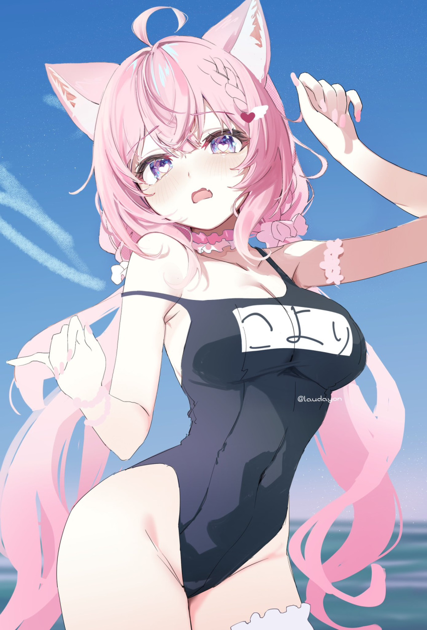 1girl ahoge animal_ears black_one-piece_swimsuit blue_sky breasts covered_navel hair_ornament hair_scrunchie hakui_koyori heart heart_hair_ornament highres hololive laudayon low_twintails one-piece_swimsuit open_mouth pink_hair pink_scrunchie school_swimsuit scrunchie single_thighhigh sky solo strap_slip swimsuit thighhighs twintails twitter_username virtual_youtuber water white_scrunchie white_thighhighs wolf_ears wolf_girl