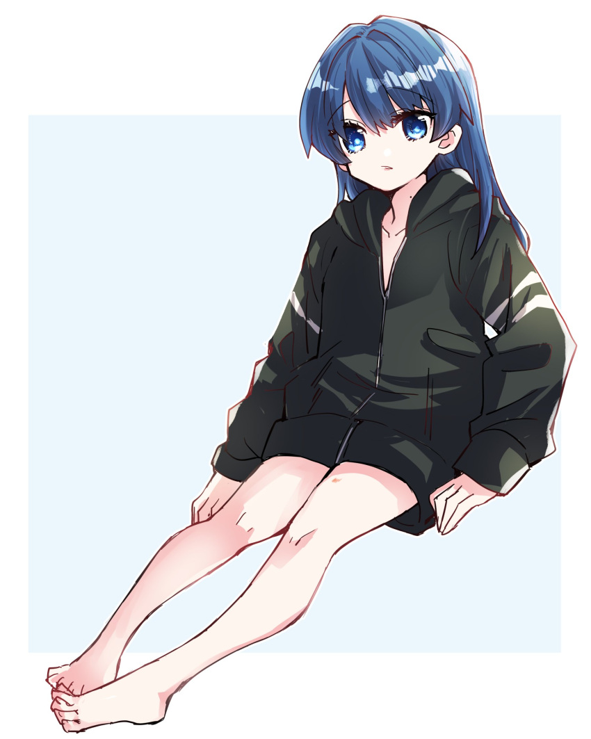 1girl barefoot black_jacket blue_eyes blue_hair blush collarbone commentary_request hickey highres hood hooded_jacket jacket kanduki_kamibukuro light_blush link!_like!_love_live! long_hair long_sleeves looking_at_viewer love_live! mole mole_on_neck murano_sayaka open_clothes open_jacket parted_lips sitting solo