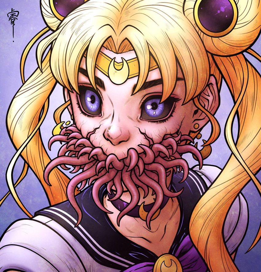 1girl bishoujo_senshi_sailor_moon black_sclera blonde_hair blue_eyes choker circlet colored_sclera commentary cracked_skin crescent crescent_earrings double_bun earrings english_commentary hair_bun highres jewelry meme monster_girl portrait purple_choker renedraws sailor_moon sailor_moon_redraw_challenge_(meme) signature solo tentacles tsukino_usagi twintails