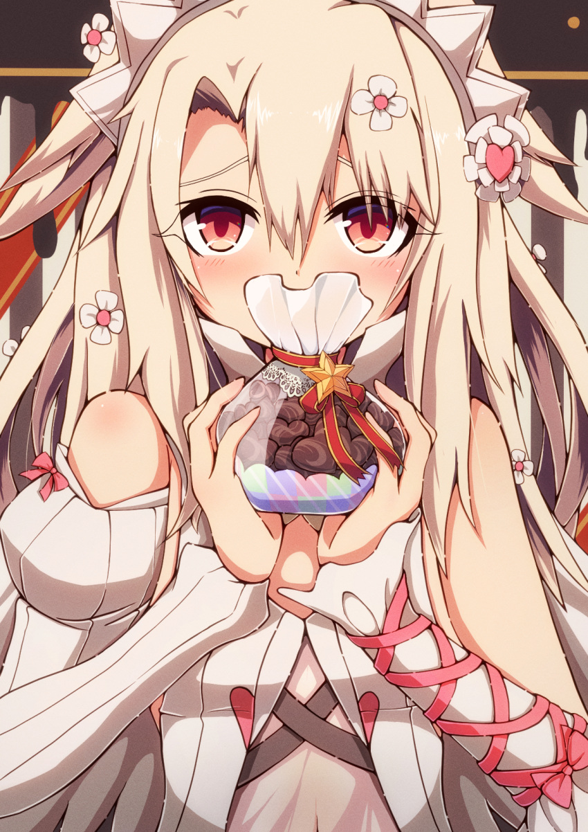 1girl bag bare_shoulders blush breasts chocolate detached_sleeves dress fate/grand_order fate_(series) food gift_bag hair_ornament highres illyasviel_von_einzbern illyasviel_von_einzbern_(choco_angel) long_hair looking_at_viewer maid_headdress peisuto red_eyes see-through see-through_dress sidelocks small_breasts solo white_dress white_hair