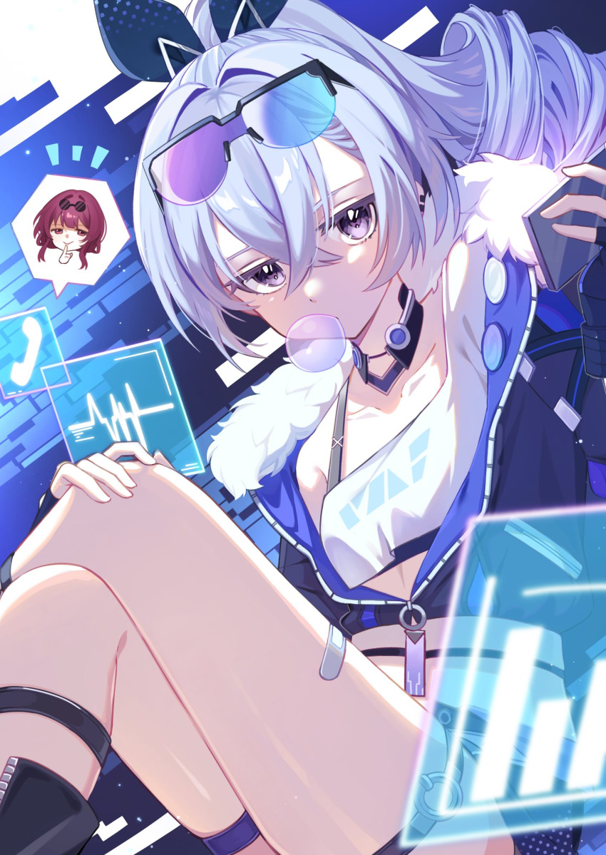 2girls black_choker black_jacket bubble_blowing choker commentary_request crop_top drill_hair eyewear_on_head feet_out_of_frame grey_hair highres honkai:_star_rail honkai_(series) jacket kafka_(honkai:_star_rail) midriff multiple_girls ponytail purple_eyes shirt silver_wolf_(honkai:_star_rail) sitting sunglasses thigh_strap thighs tofu_(0tohuuuu) white_shirt