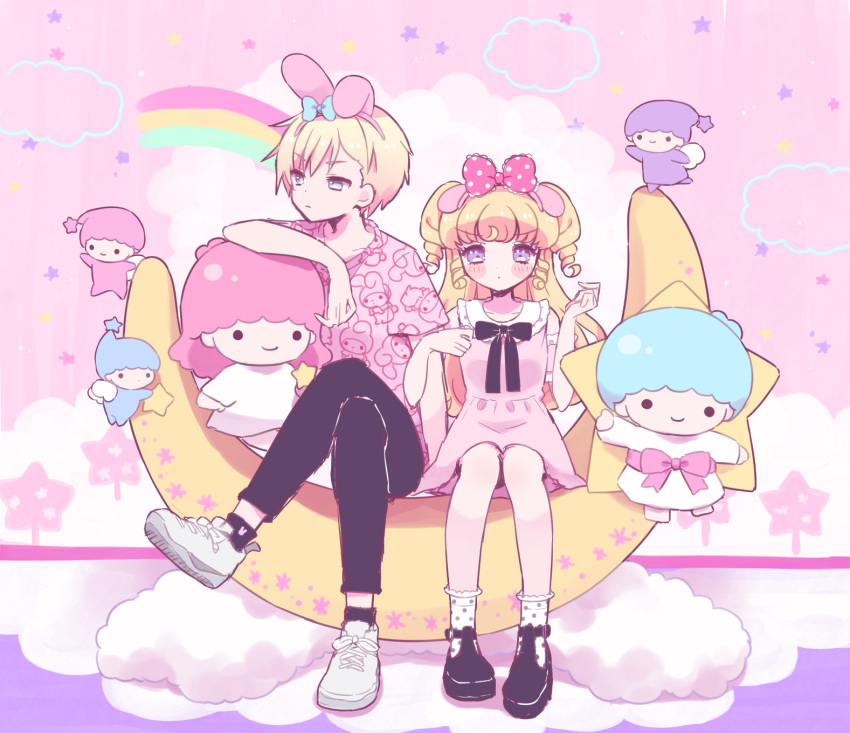 1boy 1girl animal_ear_hairband animal_ears black_footwear black_pants black_ribbon blonde_hair blue_eyes bow brother_and_sister closed_mouth cloud collared_dress crescent dress fake_animal_ears full_body hair_bow hairband hands_up highres hoshikuzu_(pinkholic) idol_time_pripara kiki_(little_twin_stars) lala_(little_twin_stars) little_twin_stars long_hair looking_at_viewer looking_to_the_side my_melody on_crescent onegai_my_melody pants pink_background pink_dress pink_shirt pretty_series print_shirt pripara purple_eyes rabbit_ear_hairband rabbit_ears rainbow ribbon ringlets sanrio shirt shoes short_hair siblings sitting sneakers two_side_up yumekawa_shogo yumekawa_yui