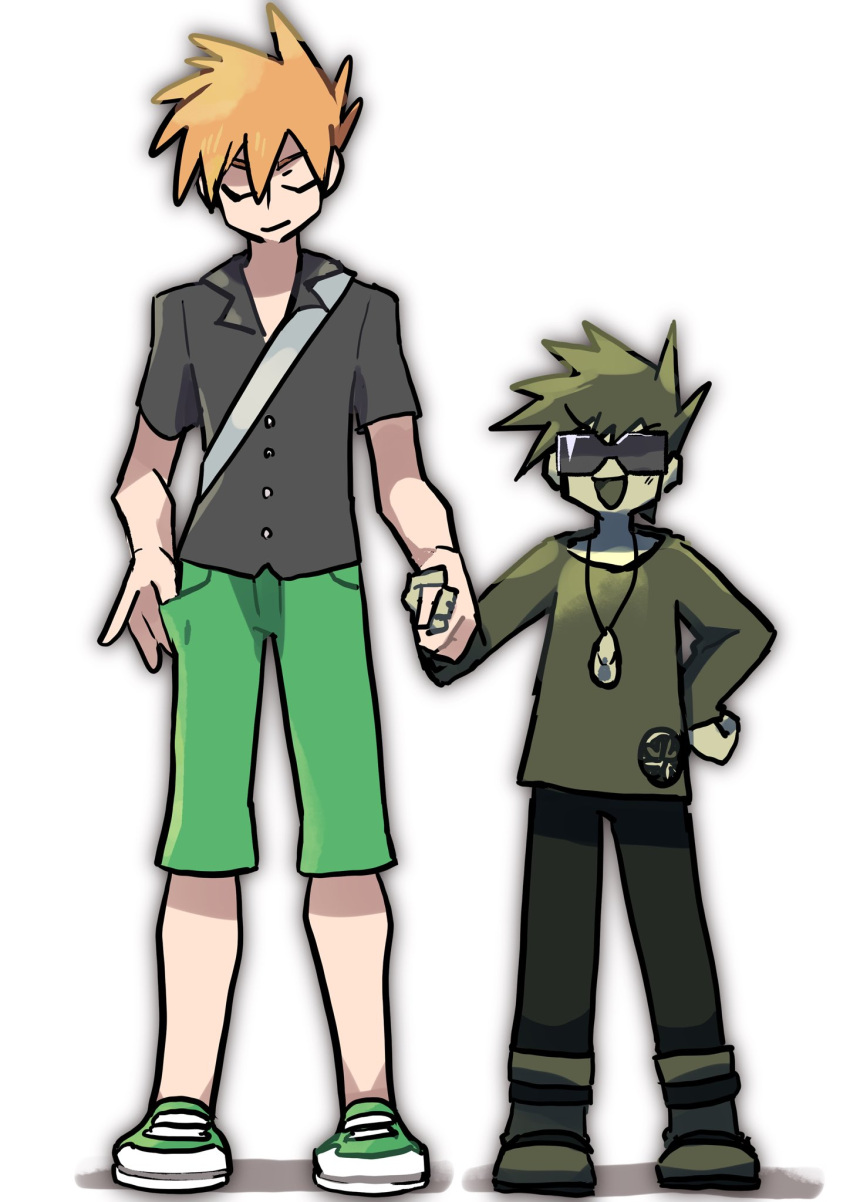 2boys age_progression black_shirt blue_oak boots closed_eyes collared_shirt commentary_request full_body green_footwear green_pants hand_in_pocket hand_on_own_hip highres holding_hands in-franchise_crossover jewelry light_smile male_focus multiple_boys necklace open_mouth orange_hair pants pendant pokefia pokemon pokemon_rgby pokemon_sm shadow shirt shoes short_hair short_sleeves shoulder_strap simple_background smile spiked_hair sunglasses white_background