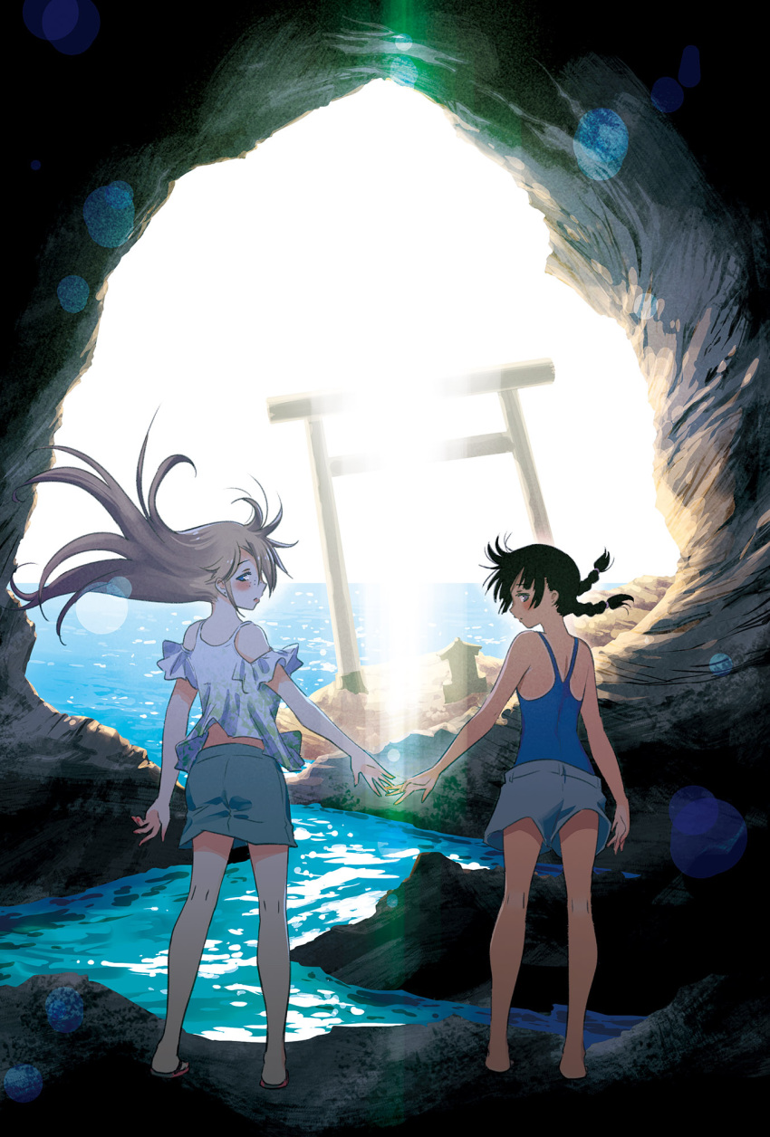 2girls bare_shoulders blue_one-piece_swimsuit blue_shorts blush braid cave chigawa_kon competition_school_swimsuit dress from_behind full_body furuka_hitoto hattori_mitsuru highres kaijuu_iro_no_shima lens_flare long_hair looking_at_viewer looking_back multiple_girls ocean one-piece_swimsuit outdoors parted_lips profile reaching_towards_another school_swimsuit short_hair shorts standing sun swimsuit swimsuit_under_clothes torii twin_braids white_dress