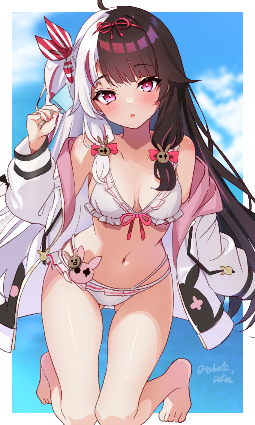 1girl absurdres ahoge barefoot bikini blush bow breasts cleavage commentary_request highres jacket long_hair looking_at_viewer medium_breasts navel nijisanji ocean open_mouth red_eyes ribbon sky small_breasts solo swimsuit toketa-sekai twitter_username virtual_youtuber yorumi_rena