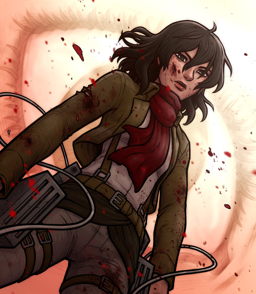 1girl absurdres belt blood blood_on_face breasts brown_belt brown_eyes brown_hair brown_jacket commentary cuts english_commentary from_below highres injury jacket medium_hair mikasa_ackerman red_scarf renedraws scarf serious shingeki_no_kyojin small_breasts solo three-dimensional_maneuver_gear torn_clothes