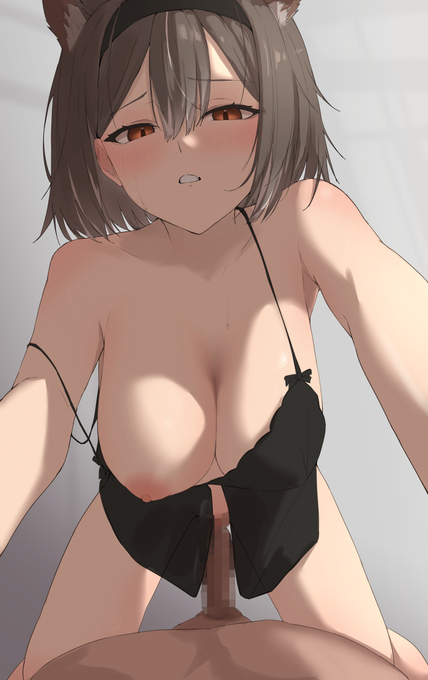 1boy 1girl absurdres all_fours animal_ears babydoll black_babydoll black_hairband blush breasts brown_eyes brown_hair censored commission erection fang girl_on_top hairband hetero highres imminent_penetration imminent_vaginal kaekae_kaeru large_breasts looking_at_viewer mosaic_censoring nipples parted_lips penis pov promisu rhymu_(vtuber) short_hair skeb_commission skin_fang strap_slip sweat virtual_youtuber wolf_ears wolf_girl