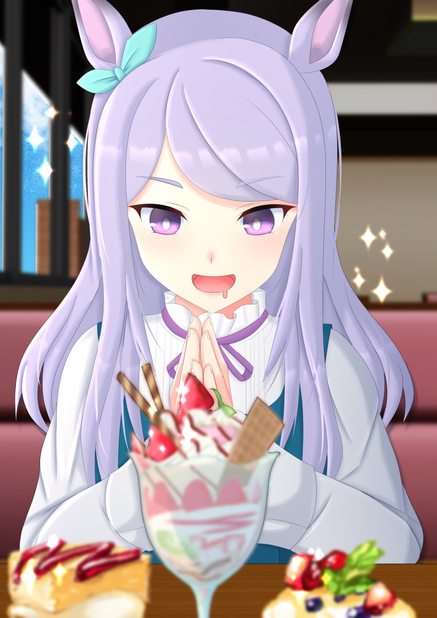 1girl 2-butani absurdres animal_ears aqua_bow blush bow cake commentary_request diner drooling ear_bow food highres horse_ears horse_girl indoors long_hair long_sleeves mejiro_mcqueen_(umamusume) mouth_drool official_alternate_costume own_hands_together parfait purple_eyes purple_hair purple_ribbon ribbon sitting smile solo sparkle table umamusume