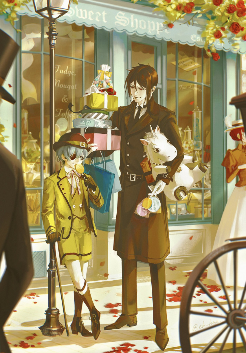 2boys artist_name bag belt bicycle black_belt black_footwear black_hair black_headwear black_necktie black_pants black_suit blue_bag blue_eyes blue_hair bowler_hat box candy cane ciel_phantomhive collared_shirt earrings eb_hua english_commentary eyepatch food gift gift_box hat height_difference highres holding holding_bag holding_candy holding_cane holding_food holding_gift holding_lollipop holding_stuffed_toy jacket jewelry kodona kuroshitsuji lamppost leaf lolita_fashion lollipop looking_at_another male_focus multiple_boys necktie outdoors pants people red_eyes ribbon road sebastian_michaelis shirt shop short_hair shorts smile standing street striped_ribbon stuffed_toy stuffed_unicorn suit twitter_username victorian white_ribbon white_shirt window yellow_belt yellow_jacket yellow_shirt yellow_shorts yellow_theme