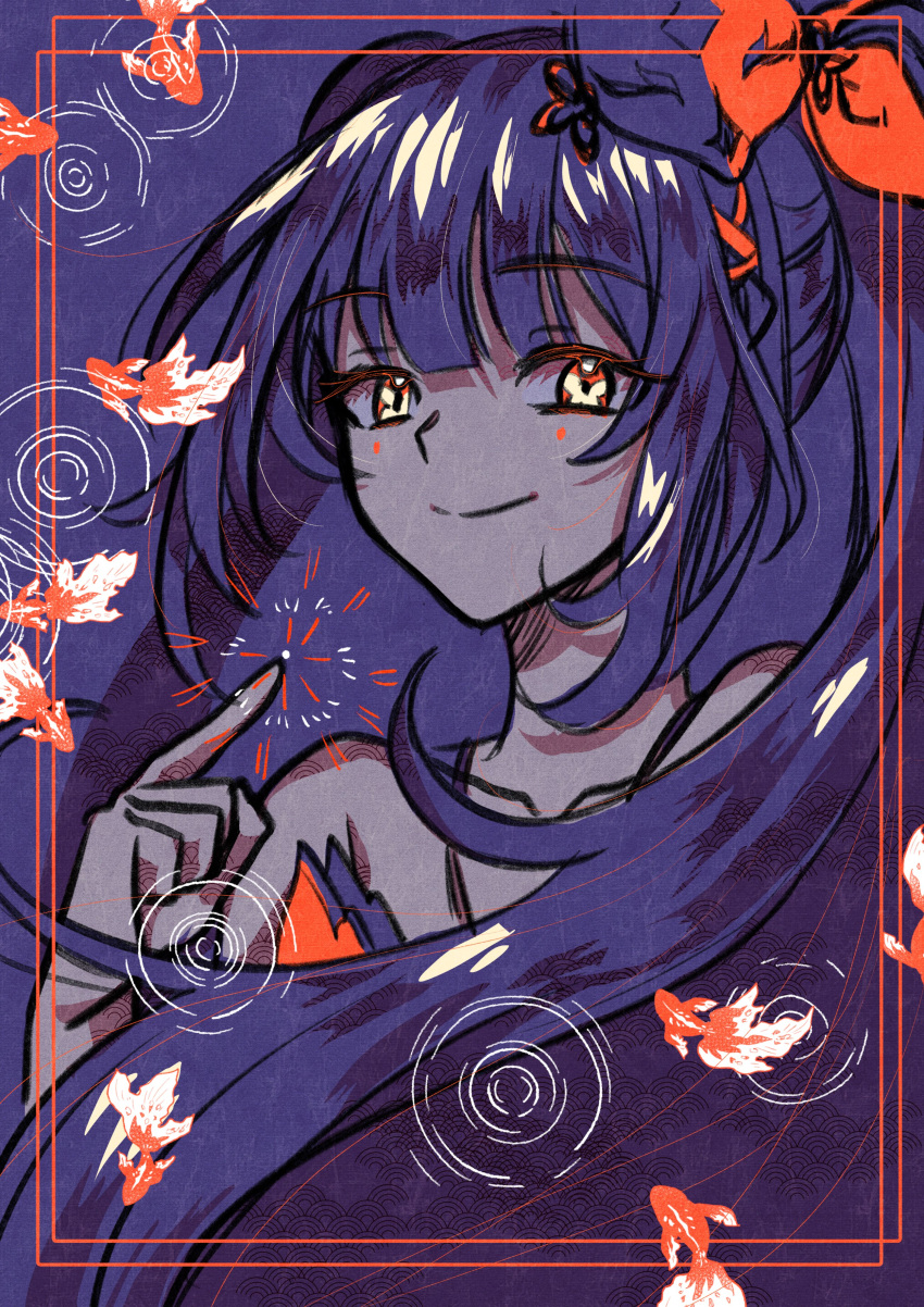 1girl absurdres bare_shoulders bow closed_mouth collarbone fish hair_bow hand_up highres honkai:_star_rail honkai_(series) index_finger_raised inset_border limited_palette long_bangs long_hair looking_at_viewer orange_bow orange_eyes portrait purple_hair ripples seigaiha sidelocks smile solo sparkle_(honkai:_star_rail) twintails yumochi_gnsn