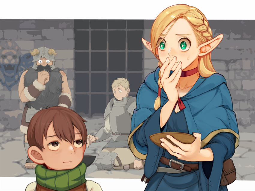 1girl 3boys beard black_hair blonde_hair blue_robe bowl braid brown_eyes brown_hair chilchuck_tims covering_own_mouth dungeon_meshi dwarf elf facial_hair ginji74 green_eyes halfling hand_over_own_mouth height_difference holding holding_bowl laios_thorden letterboxed light_blush long_hair looking_at_another marcille_donato multiple_boys mustache outside_border pointy_ears robe senshi_(dungeon_meshi) short_hair sweatdrop upper_body yellow_eyes