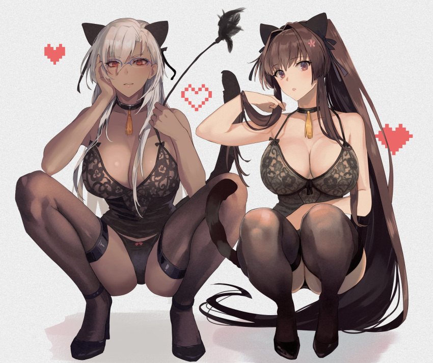 2girls alternate_costume animal_ears ass bare_shoulders black_choker black_footwear black_panties black_thighhighs blunt_sidelocks breasts brown_eyes brown_hair cat_ears cat_tail choker cleavage dark-skinned_female dark_skin fake_animal_ears fake_tail full_body grey_hair hair_intakes high_heels high_ponytail highres kantai_collection kasumi_(skchkko) large_breasts lingerie long_hair looking_at_viewer multiple_girls musashi_(kancolle) open_mouth panties red_eyes shadow simple_background spaghetti_strap spread_legs squatting tail thighhighs tongue tongue_out underwear very_long_hair white_background yamato_(kancolle)