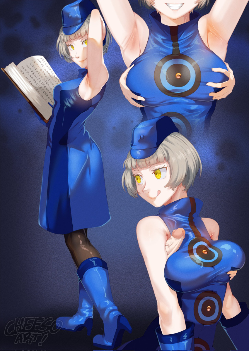 1boy 1girl :q arm_behind_head arm_up armpit_sex armpits artist_name bare_shoulders black_pantyhose blue_background blue_dress blue_gloves book boots cheeso_art commentary corrupted_twitter_file dress elizabeth_(persona) english_commentary field_cap from_side full_body gloves grabbing grabbing_another's_breast groping hat high_heel_boots high_heels highres holding holding_book looking_at_viewer looking_back pantyhose penis persona persona_3 presenting_armpit short_hair sleeveless sleeveless_dress smile solo standing tongue tongue_out uncensored variant_set white_hair yellow_eyes