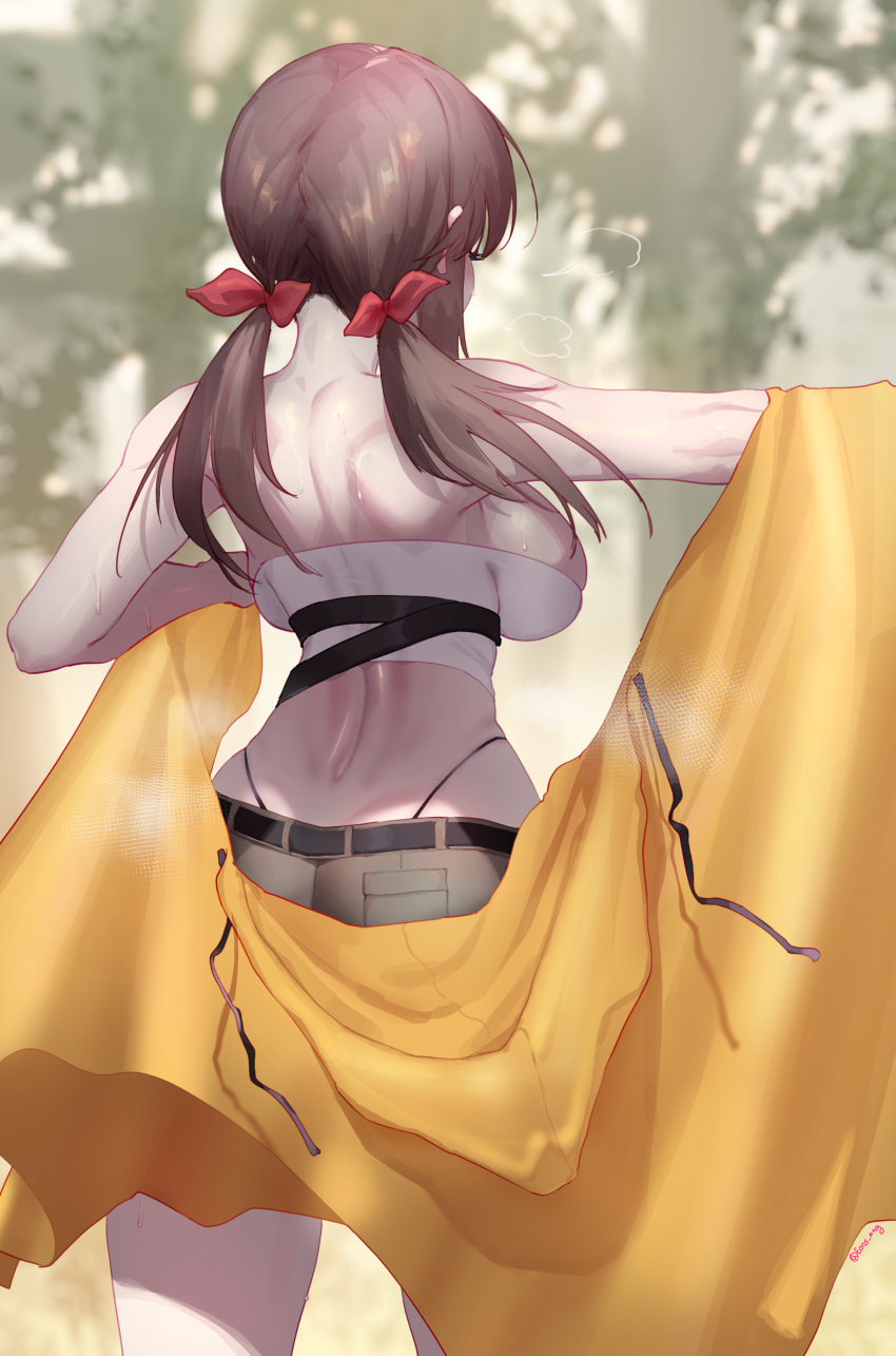 1girl absurdres back bird breasts brown_shorts cloak eonsang falcon falcon_(girls'_frontline) from_behind girls'_frontline girls'_frontline_neural_cloud hair_ribbon highres hood hooded_cloak large_breasts panty_straps red_ribbon ribbon shorts sideboob solo steaming_body strapless sweat tube_top white_tube_top yellow_cloak