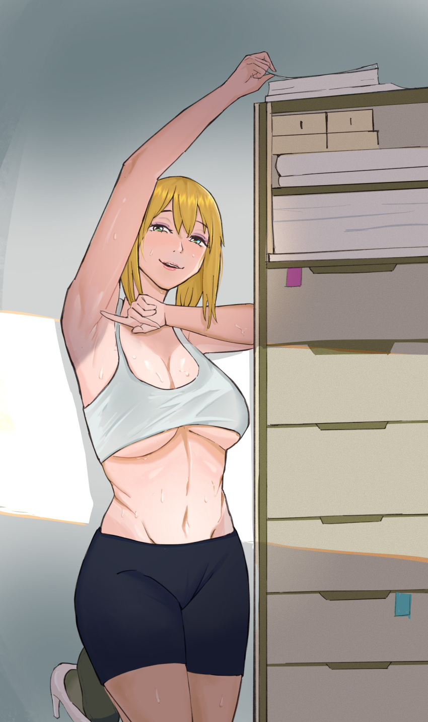 1girl absurdres arm_up armpits bike_shorts blonde_hair breasts cleavage crop_top english_commentary filing_cabinet foot_up green_eyes hair_between_eyes high_heels highres indoors large_breasts lips looking_at_viewer medium_hair milfmatty navel office_lady original parted_lips pointing pointing_at_self presenting_armpit reaching shoes shorts smile solo stomach sunlight sweat tank_top teasing underboob