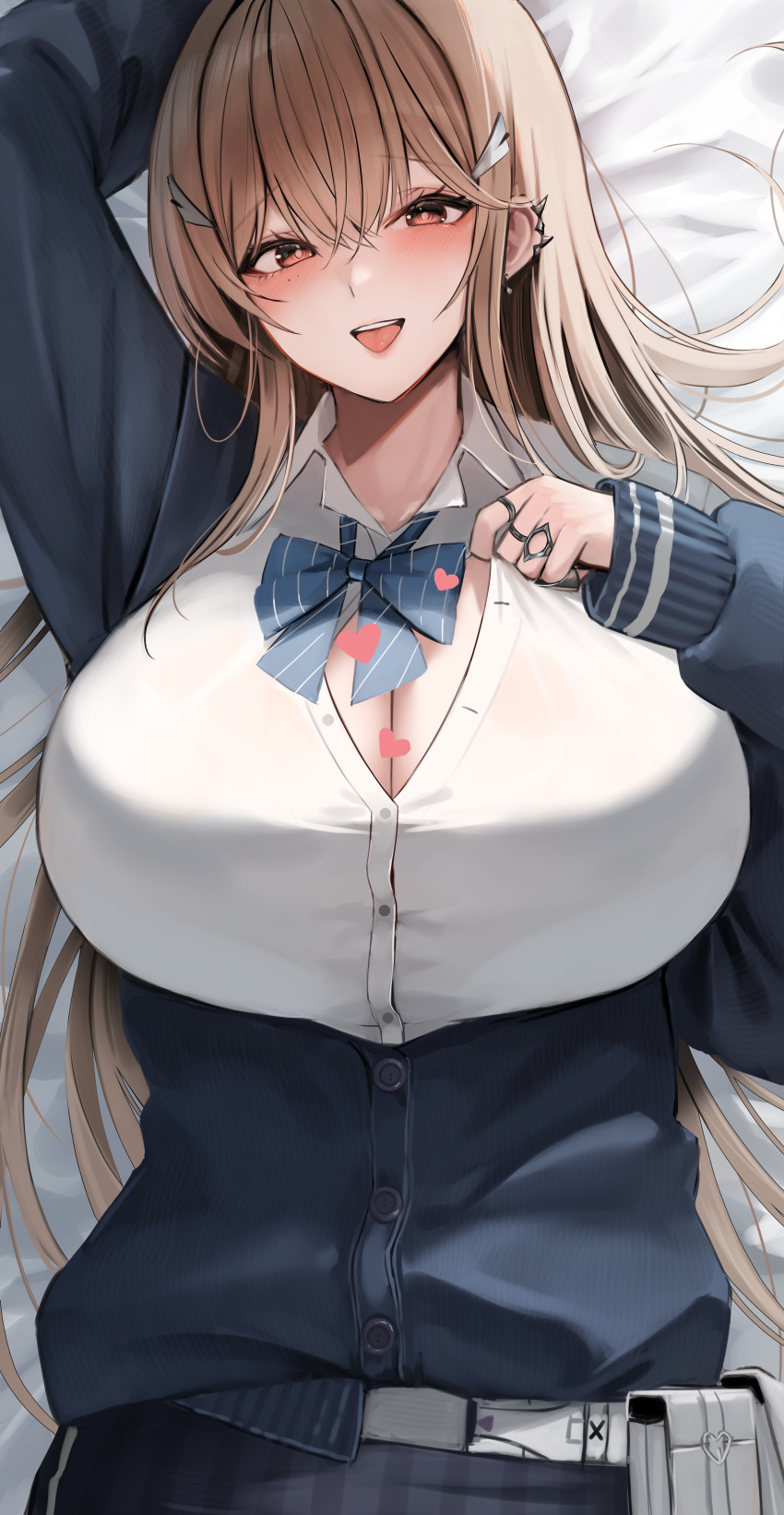 1girl absurdres blue_bow blue_bowtie blue_cardigan bow bowtie breasts brown_eyes brown_hair button_gap cardigan claw_ring cleavage commentary_request goddess_of_victory:_nikke gyaru hair_ornament hairclip hana_hebi highres jewelry large_breasts long_hair looking_at_viewer multiple_rings open_mouth partially_unbuttoned ring shirt smile solo spike_piercing tia_(nikke) tongue upper_body white_shirt