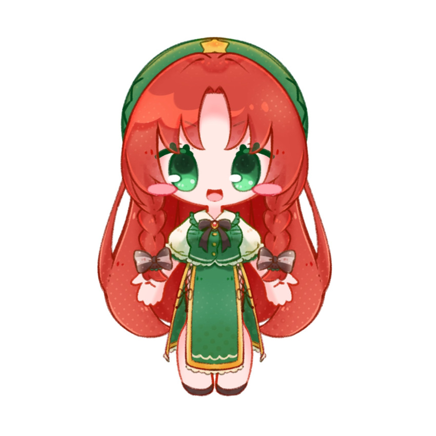 1girl black_bow black_bowtie blush_stickers bow bowtie braid breasts brown_footwear chibi china_dress chinese_clothes dress green_dress green_eyes green_headwear hair_intakes hat hat_ornament highres hong_meiling inukkomaru looking_at_viewer medium_breasts open_mouth puffy_short_sleeves puffy_sleeves red_hair short_sleeves simple_background smile solo standing star_(symbol) star_hat_ornament touhou twin_braids white_background white_sleeves