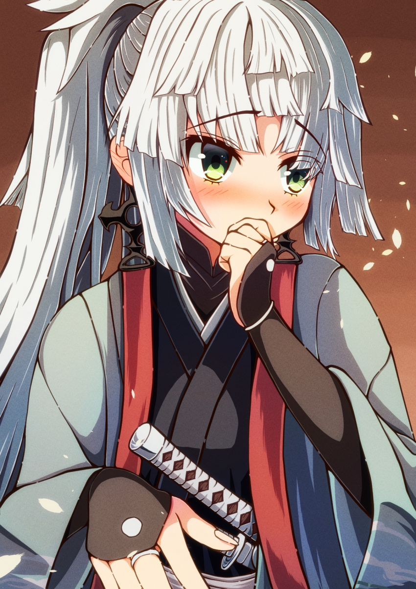 1girl black_kimono blush breasts earrings fate/grand_order fate/samurai_remnant fate_(series) green_eyes green_kimono highres japanese_clothes jewelry kimono long_hair long_sleeves looking_to_the_side medium_breasts peisuto ponytail sidelocks white_hair wide_sleeves yui_shousetsu_(fate) yui_shousetsu_(second_ascension)_(fate)