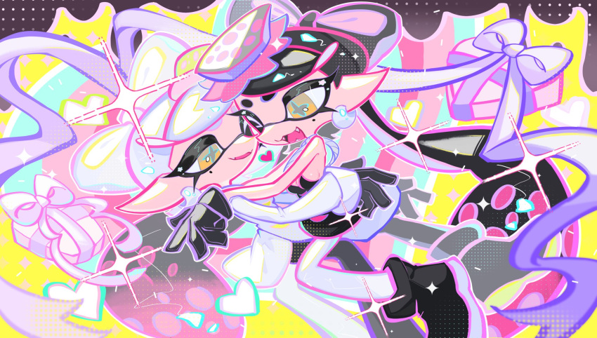 2girls bare_shoulders black_dress black_gloves black_hair black_pantyhose bow-shaped_hair box breasts callie_(splatoon) coat cousins dress earrings fangs gloves heart-shaped_box highres hug inkling jewelry marie_(splatoon) mole multicolored_hair multiple_girls open_mouth pantyhose pink_hair short_hair small_breasts splatoon_(series) splatoon_3 star-shaped_pupils star_(symbol) strapless strapless_dress symbol-shaped_pupils tentacle_hair twintails two-tone_hair white_coat white_hair white_pantyhose xiaoyunatie yellow_eyes