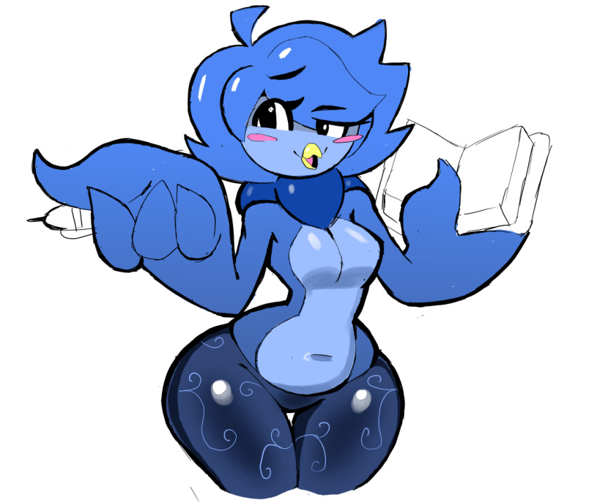 anthro avian bird black_bottomwear black_clothing black_pants blue_body blue_feathers bottomwear breasts clothed clothing cute_expression eks-out feathers female holding_object martlet_(undertale_yellow) pants small_breasts solo solo_focus thick_thighs topless topless_female undertale_yellow wide_hips