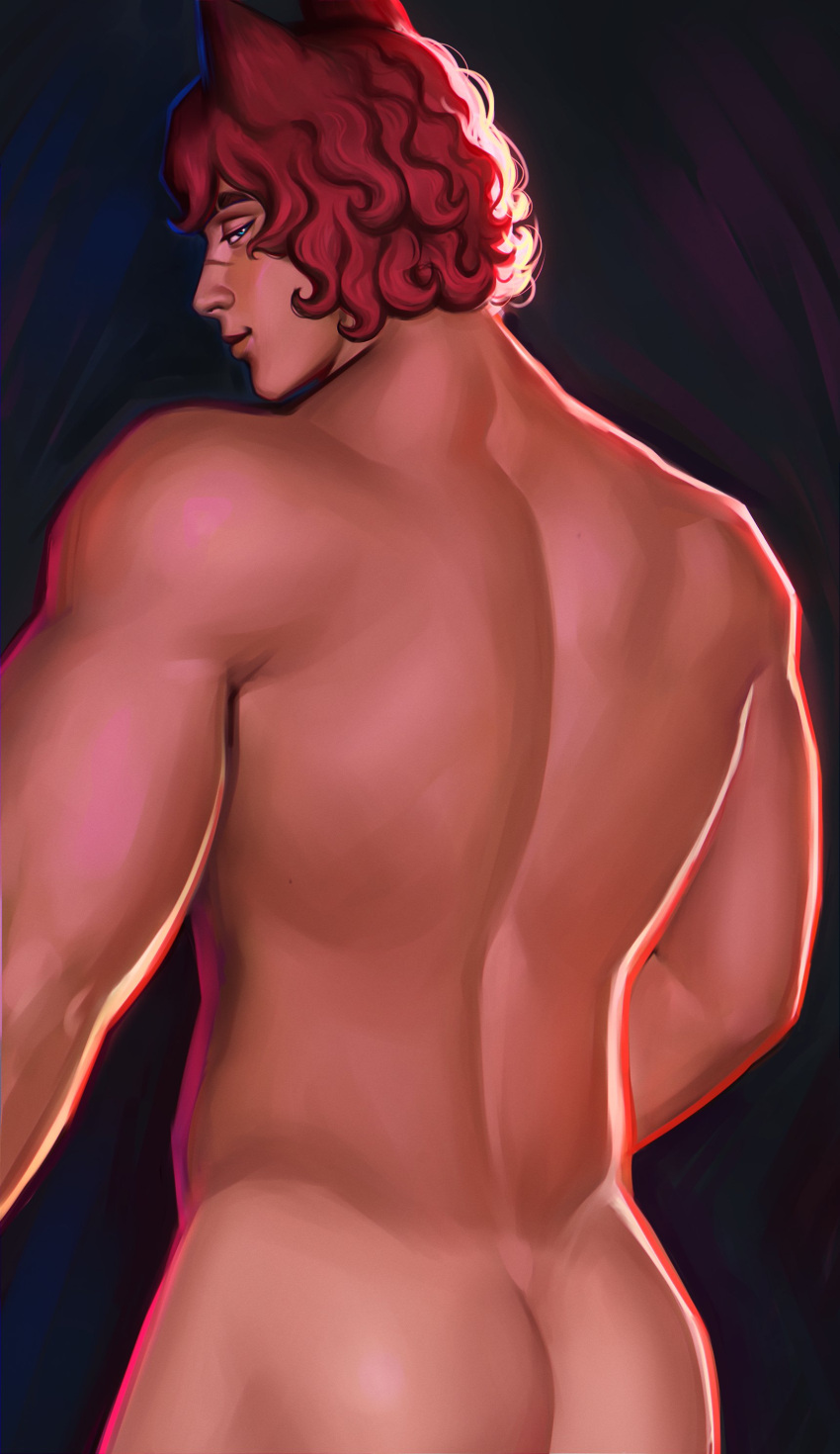 1boy absurdres ass back back_focus bara dark-skinned_male dark_skin from_behind gaditaahart highres league_of_legends male_focus muscular muscular_male red_hair scar scar_on_face scar_on_nose seductive_smile sett_(league_of_legends) short_hair smile solo thick_eyebrows