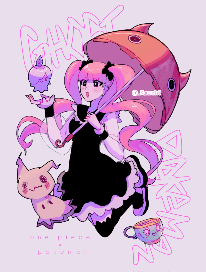 1girl 3others :3 artist_name black_dress black_eyes blush breasts copyright_name crossover dress eyelashes full_body highres holding holding_umbrella litwick long_hair looking_at_another looking_at_viewer medium_breasts mih0 mimikyu multiple_others one_piece open_mouth perona pink_hair pink_ribbon pokemon pokemon_(creature) ribbon sinistea title trait_connection twintails twitter_username umbrella very_long_hair