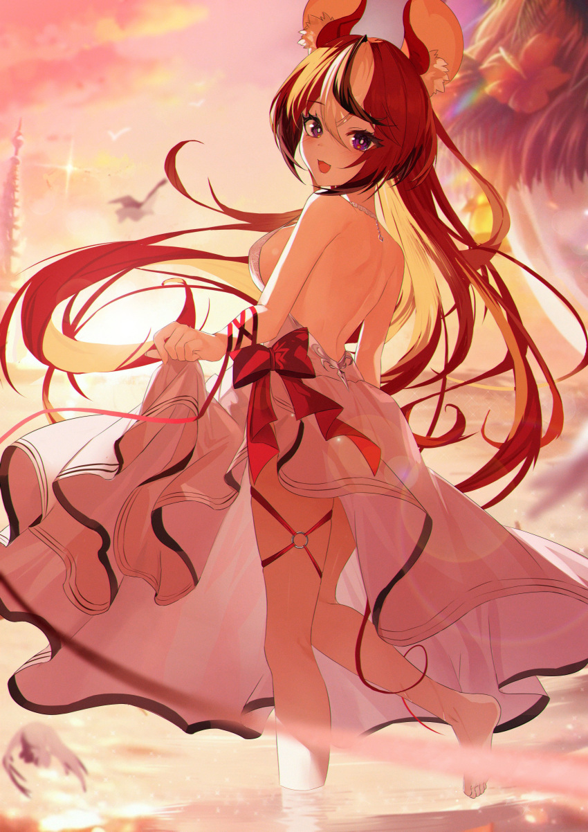 1girl :3 absurdres animal_ear_fluff animal_ears backless_dress backless_outfit bare_shoulders barefoot bird black_hair blue_eyes blurry blurry_foreground blush bow breasts bright_pupils diffraction_spikes dress evening feet floating_hair hair_between_eyes hakos_baelz highres hololive hololive_english jiang_ye_kiri large_breasts lens_flare long_hair looking_at_viewer mouse_ears mouse_girl mouse_tail multicolored_hair o-ring o-ring_thigh_strap open_mouth outdoors red_bow red_hair red_ribbon ribbon seagull skirt_hold smile soles solo standing standing_on_one_leg streaked_hair tail tail_around_own_leg tail_wrap thigh_strap toes turning_head very_long_hair virtual_youtuber water white_dress white_hair white_pupils