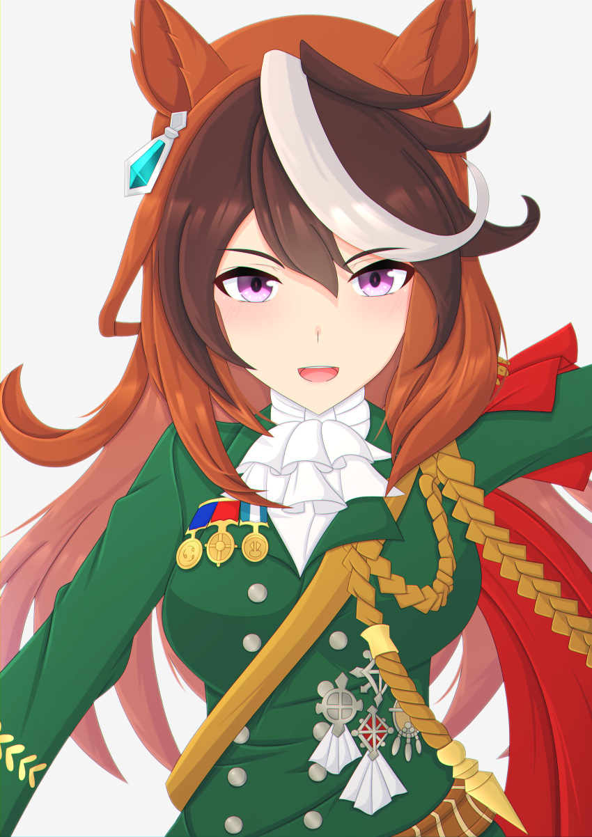 1girl 2-butani absurdres animal_ears ascot brown_hair cape commentary_request crossed_arms epaulettes green_shirt hair_between_eyes highres horse_ears horse_girl light_blush long_hair long_sleeves looking_at_viewer military_uniform multicolored_hair open_mouth purple_eyes red_cape shirt side_cape simple_background single_epaulette smile solo streaked_hair symboli_rudolf_(umamusume) umamusume uniform upper_body very_long_hair white_ascot white_background white_hair