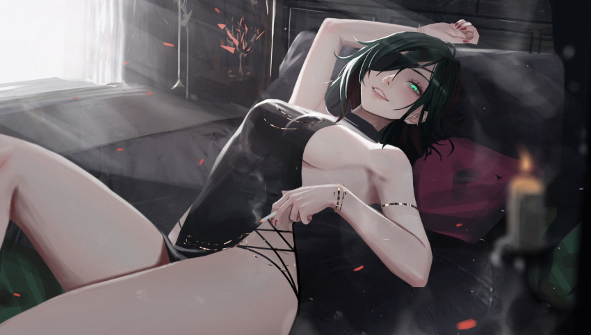 1girl black_dress breasts chainsaw_man cigarette dress eyepatch green_eyes highres himeno_(chainsaw_man) holding holding_cigarette jewelry looking_at_viewer lying neoary3 neorarty on_back short_hair smile thighs