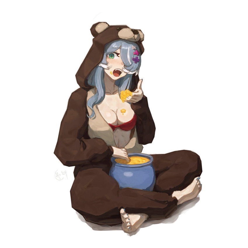 1girl animal_costume animal_hood aqua_eyes barefoot bear_costume bear_hood blue_hair blue_nails blush bra breasts cleavage collarbone cosplay cross-shaped_pupils crossed_legs elira_pendora english_commentary fangs food food_on_body food_on_breasts food_on_face food_on_hand full_body hair_over_one_eye highres honey honeypot hood hoodie indian_style kigurumi long_hair looking_at_viewer medium_breasts mocomiliano nail_polish navel nijisanji nijisanji_en open_clothes open_hoodie open_mouth red_bra simple_background sitting solo symbol-shaped_pupils toenail_polish toenails underwear white_background