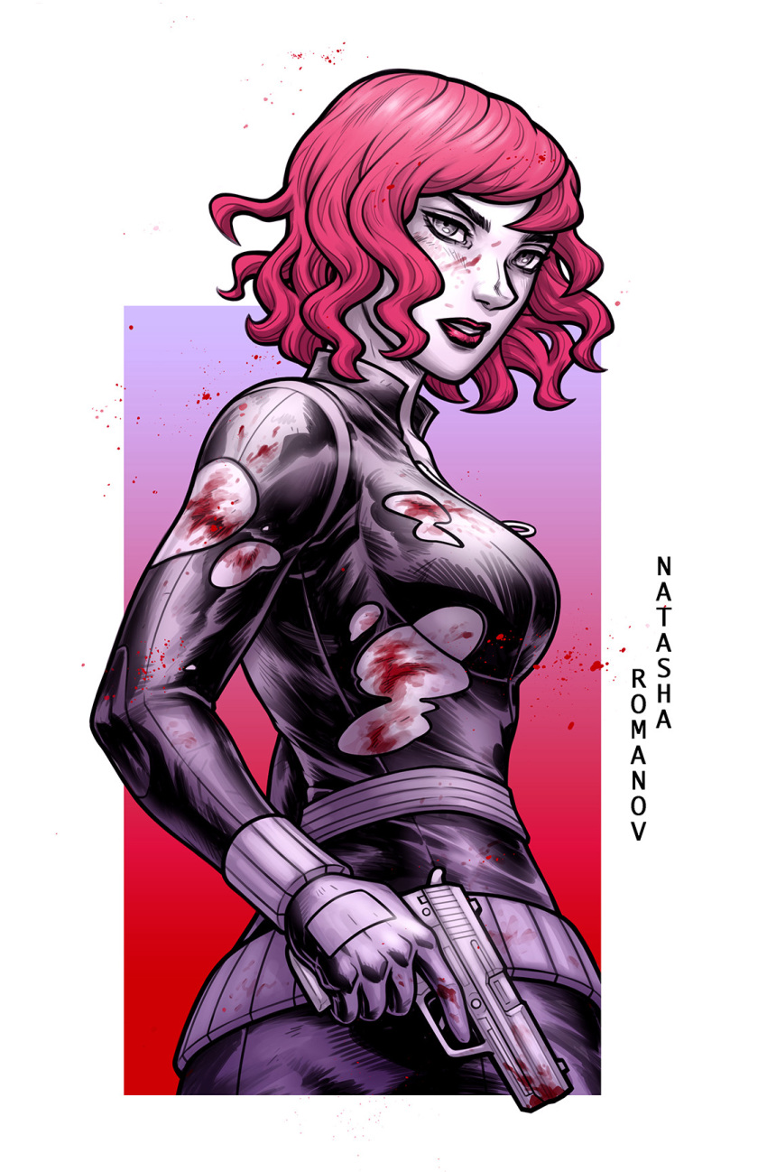 1girl black_bodysuit black_widow blood blood_on_body blood_on_clothes blood_on_face blood_on_hands blood_on_weapon bodysuit breasts character_name commentary english_commentary gun handgun highres holding holding_gun holding_weapon large_breasts marvel medium_hair natasha_romanoff parted_lips red_hair renedraws sideboob solo twisted_torso upper_body weapon