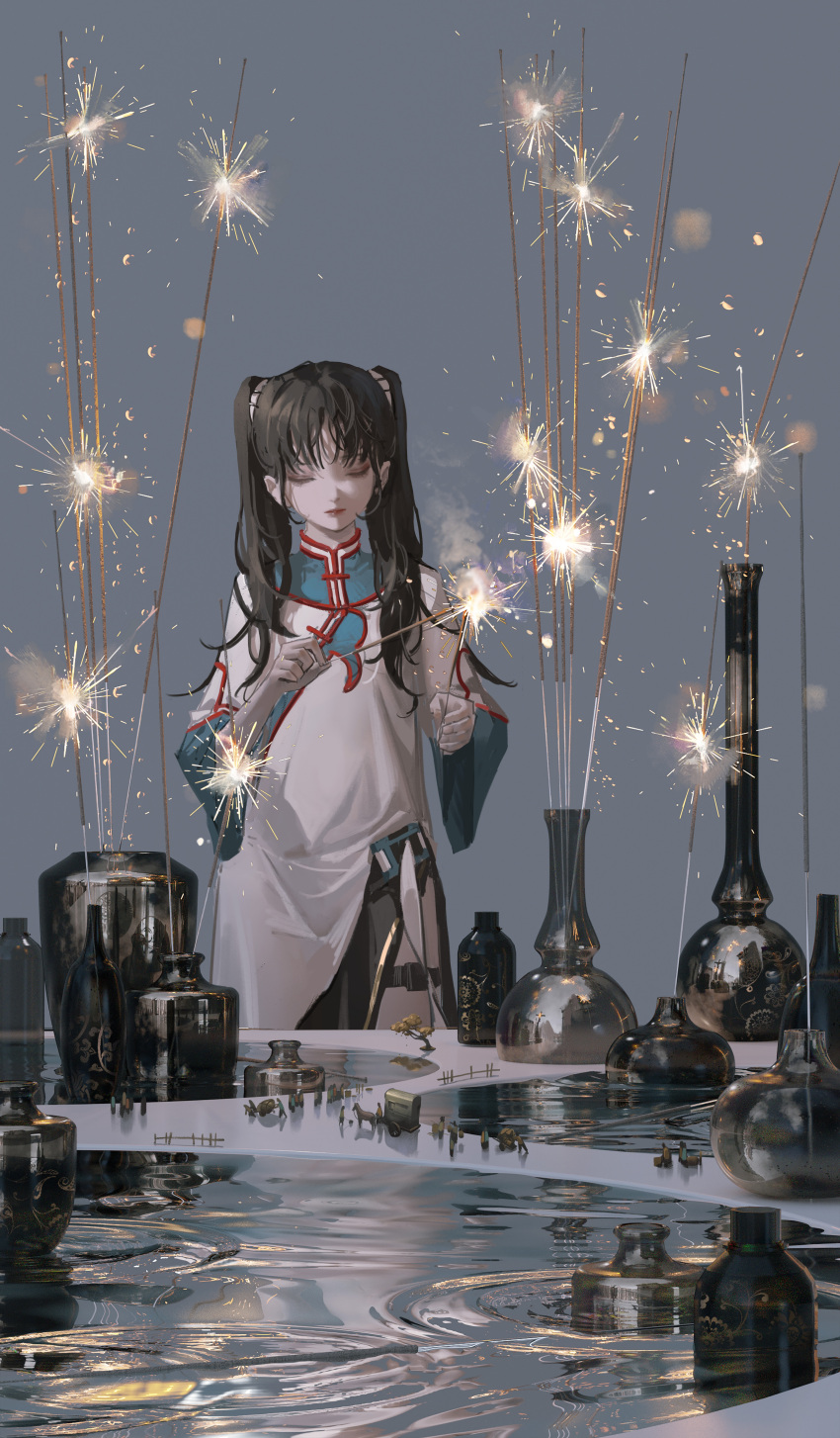 1girl absurdres black_hair chariot china_dress chinese_clothes closed_eyes closed_mouth dress expressionless eyeshadow facing_viewer fireworks grey_background highres holding holding_fireworks horse long_hair makeup original reflection reflective_water ripples solo sparkler standing thigh_strap tuoer twintails vase water white_dress