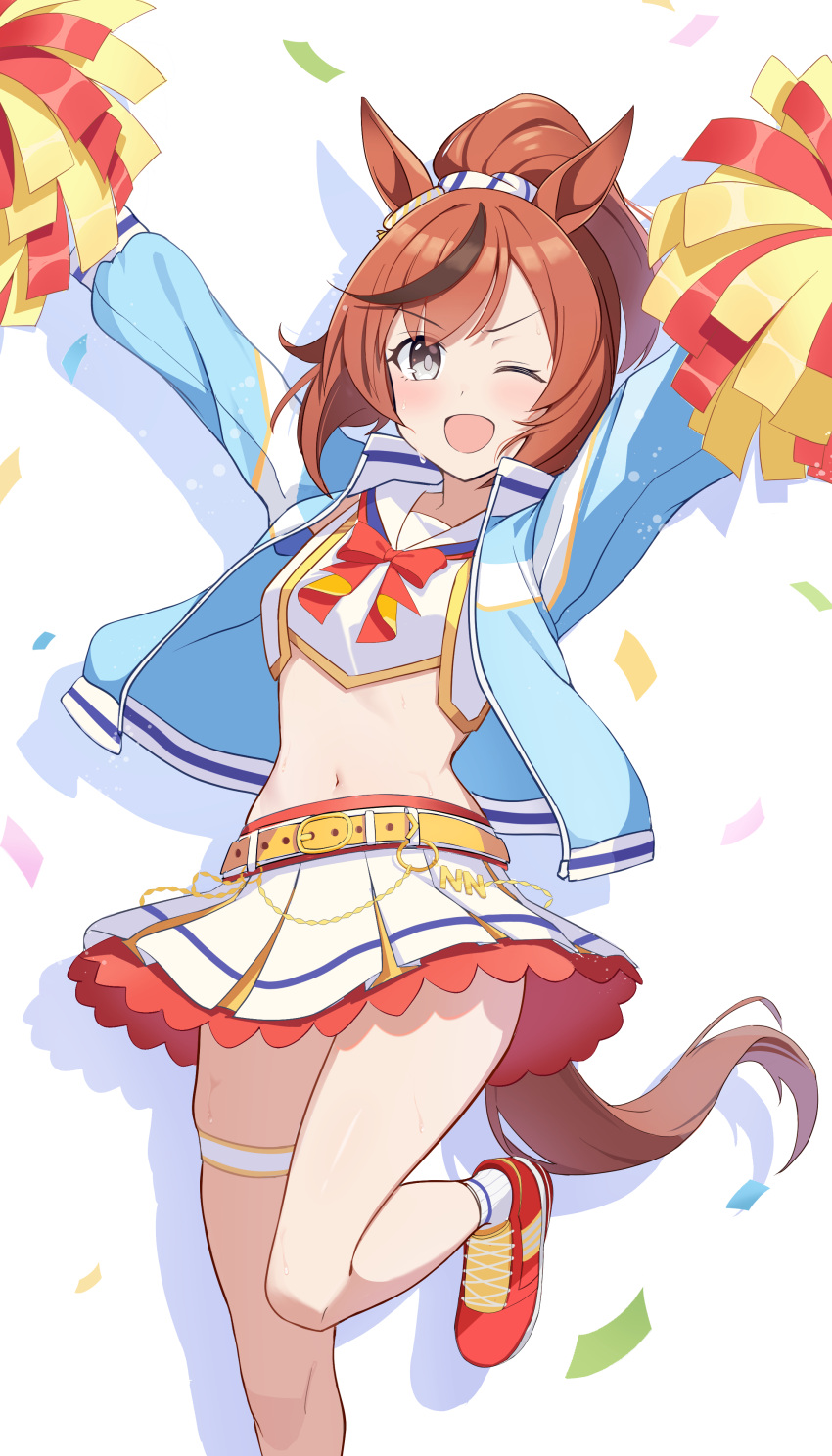 1girl ;d absurdres animal_ears arms_up blue_jacket blush bow bowtie brown_eyes brown_hair cheerleader commentary_request confetti crop_top hand_on_own_hip highres holding holding_pom_poms horse_ears horse_girl horse_tail jacket long_sleeves looking_at_viewer medium_hair midriff miniskirt multicolored_hair navel nice_nature_(run&amp;win)_(umamusume) nice_nature_(umamusume) official_alternate_costume official_alternate_hairstyle one_eye_closed open_mouth pleated_skirt pom_pom_(cheerleading) ponytail red_bow red_bowtie red_footwear sailor_collar sailor_shirt shirt shoes skirt smile sneakers solo sonoda_345 standing standing_on_one_leg stomach streaked_hair tail thigh_strap umamusume white_sailor_collar white_shirt white_skirt