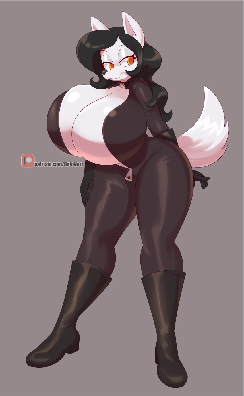 2024 amber_eyes anthro big_breasts black_boots black_clothing black_footwear black_hair bodysuit boots breasts canid canine canis cleavage clothed clothing domestic_dog female footwear fur german_shepherd hair herding_dog hi_res huge_breasts long_hair mammal norithecat officer_pai_(miso_souperstar) pastoral_dog simple_background skinsuit smile solo tail text tight_clothing url white_body white_fur zipper_down