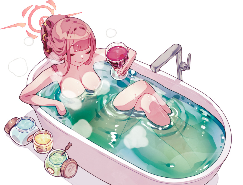 1girl absurdres alcohol aru_(blue_archive) bath bathtub blue_archive breasts closed_eyes closed_mouth commentary_request completely_nude crossed_legs cup dated_commentary drinking_glass halo highres holding holding_cup lianbiglian medium_breasts nude partially_submerged red_hair red_halo simple_background sitting smile solo water white_background wine wine_glass
