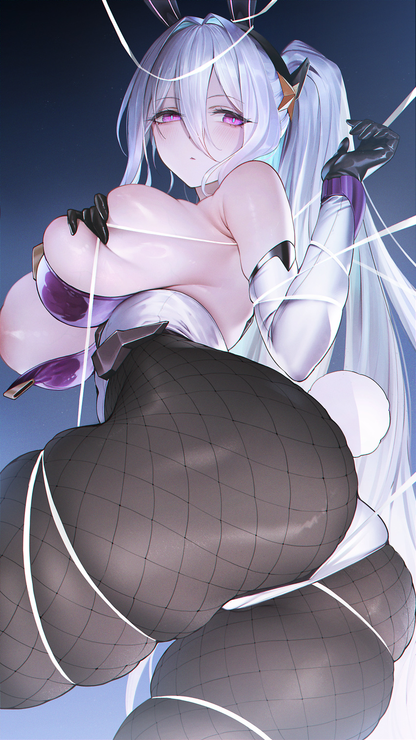 1girl absurdres animal_ears aqua_pupils areola_slip ass azur_lane bound breasts fake_animal_ears fake_tail fishnet_pantyhose fishnets from_below from_side gloves hair_between_eyes hand_on_own_chest hand_up highleg highleg_leotard highres kearsarge_(all_night_charge)_(azur_lane) kearsarge_(azur_lane) leotard long_hair looking_at_viewer looking_back multicolored_clothes multicolored_gloves multicolored_leotard official_alternate_costume out-of-frame_censoring pantyhose persimmonszzz playboy_bunny purple_leotard sideboob strapless strapless_leotard string tail thong_leotard tied_up_(nonsexual) two-tone_gloves two-tone_leotard undersized_breast_cup white_hair white_leotard