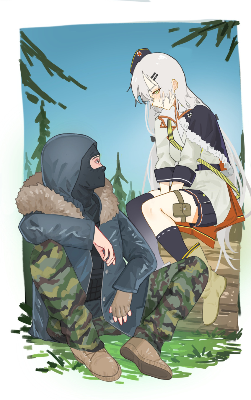 1boy 1girl absurdres asymmetrical_legwear balaclava black_headwear black_skirt black_socks blue_eyes blush boots brown_footwear camouflage camouflage_pants capelet crossover escape_from_tarkov fingerless_gloves fur-trimmed_capelet fur-trimmed_jacket fur_trim girls'_frontline gloves grass green_eyes grey_gloves grey_hair highres hood hooded_jacket izaru_31 jacket multiple_hairpins open_clothes open_jacket pants pleated_skirt pouch red_star shturman_(escape_from_tarkov) single_glove single_sock single_thighhigh sitting skirt socks star_(symbol) svd_(girls'_frontline) thighhighs uneven_legwear