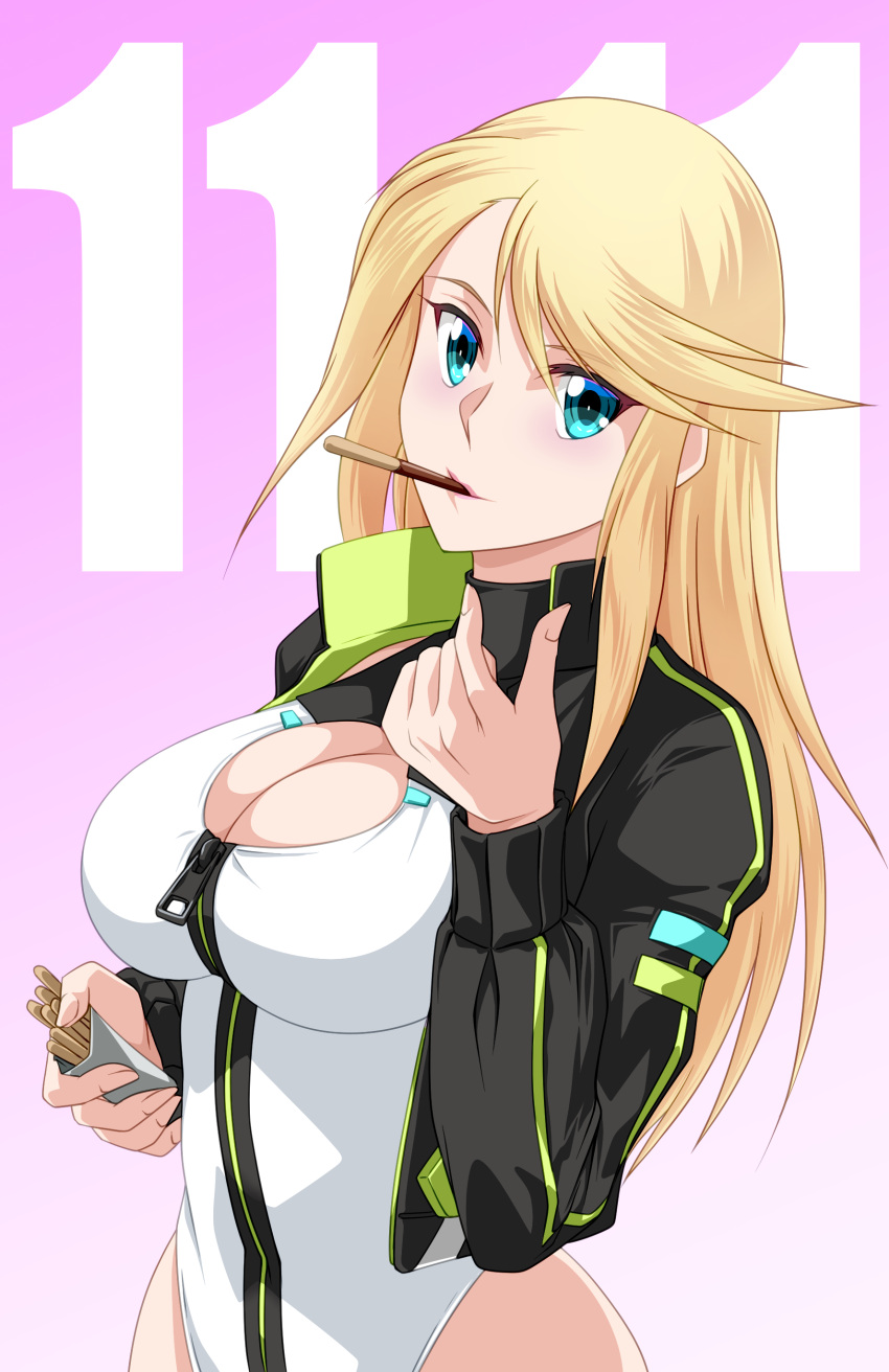 1girl absurdres akuron_(acllon) alice_gear_aegis black_jacket blonde_hair blue_eyes breasts circle_cutout cleavage cleavage_cutout clothing_cutout companion/af covered_collarbone cowboy_shot food front_zipper full-length_zipper highleg highleg_leotard highres jacket large_breasts leotard mouth_hold pink_background pocky pocky_day race_queen shirley_oakley sleeveless_turtleneck_leotard solo text_background turtleneck_leotard two-tone_leotard white_leotard zipper zipper_leotard zipper_pull_tab