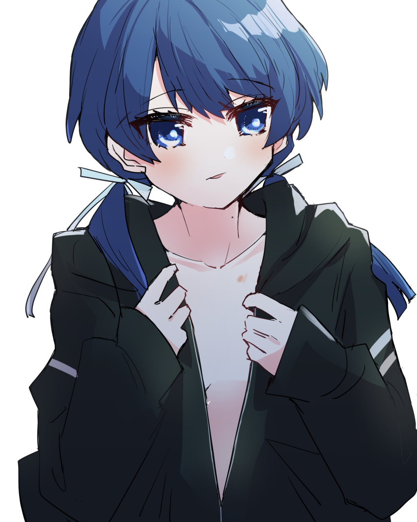 1girl black_jacket blue_eyes blue_hair blush collarbone commentary_request flat_chest hickey highres jacket kanduki_kamibukuro light_blush link!_like!_love_live! long_hair long_sleeves looking_to_the_side love_live! low_twintails mole mole_on_neck murano_sayaka open_clothes open_jacket parted_lips solo twintails