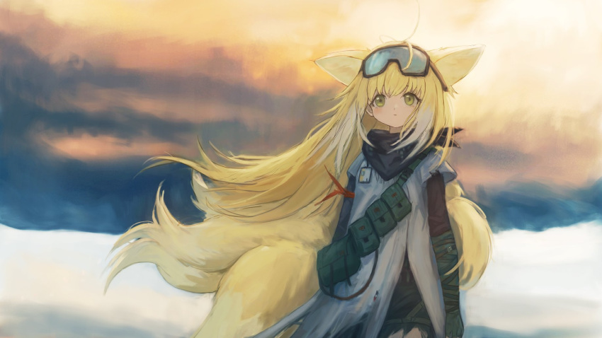 1girl animal_ears arknights black_scarf blonde_hair closed_mouth colored_tips fox_ears fox_girl fox_tail goggles goggles_on_head green_eyes gumiaoandpeace highres kitsune kyuubi multicolored_hair multiple_tails official_alternate_costume scarf solo suzuran_(arknights) suzuran_(lostlands_flowering)_(arknights) tail white_hair