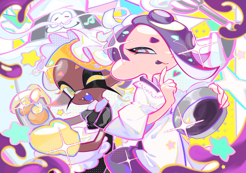 1boy 2girls :3 apron baking_sheet big_man_(splatoon) black_dress blonde_hair bowl cephalopod_eyes chef_hat collar colored_eyelashes dark-skinned_female dark_skin dress facial_hair fangs frilled_apron frills frye_(splatoon) hachimaki hair_over_one_eye hat headband headdress highres holding holding_bowl inkling maid maid_apron maid_headdress mittens mixing_bowl multiple_girls mustache nejiri_hachimaki octoling official_alternate_costume official_alternate_hair_color one_eye_closed open_mouth oven_mitts purple_hair red_eyes shiver_(splatoon) splatoon_(series) splatoon_3 suction_cups symbol-shaped_pupils tentacle_hair tongue tongue_out white_apron white_collar white_headdress xiaoyunatie yellow_eyes yellow_mittens