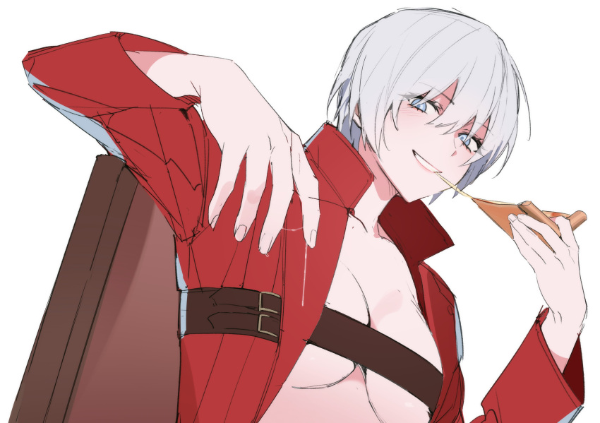 absurdres bechu belt_bra blue_eyes breasts coat dante_(devil_may_cry) devil_may_cry_(series) food genderswap genderswap_(mtf) grey_hair hair_between_eyes highres holding holding_food holding_pizza large_breasts looking_at_viewer open_clothes open_coat pizza red_coat short_hair simple_background solo upper_body white_background